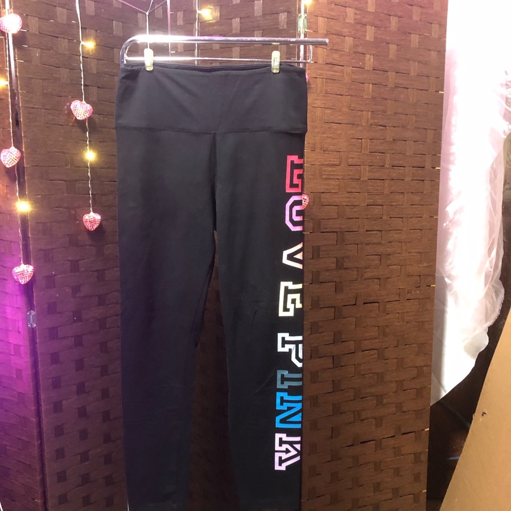 PINK Victoria's Secret Black Leggings with Multicolor Side Logo